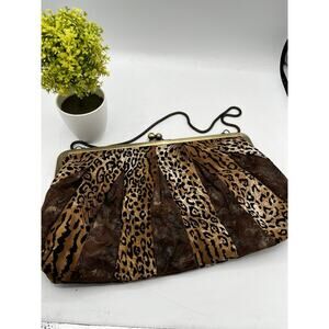 Vintage Animal Print Pleated Clutch Bag Bronze Frame Chain Strap 13x9